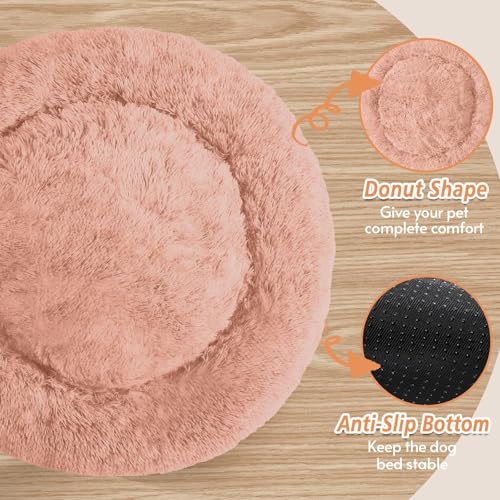Image of JOLLYVOGUE Calming Dog Bed Medium Size Dog, Anti-Anxiety Donut Medium Pet Bed, 27 inches Fluffy Faux Fur Round Cat Bed (Peach Pink)