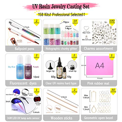 musykrafties Materiały do produkcji biżuterii z żywicy UV 158-zestaw 36 W lampa UV, przezroczysty rodzaj żywicy ultrafioletowej, barwnik fluorescencyjny, płynny długopis kulkowy, holograficzny masywny brokat, zawieszki, otwarta ramka