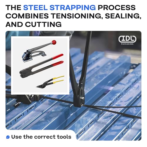 Image of IDL Packaging PRO 5 /8 inch x 600' Steel Strapping Kit, 1400 lbs Break Strength - Professional Grade Tools & Mini Strapping Coils - Enough Strapping and Seals for 300 Uses Before Refill
