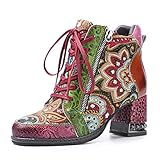  Camfosy Damen Leder Stiefeletten mit Absatz,Frau Warme Pelz Gefüttert Bunte Druck Entwurf Spleißen Kurze Stiefel Chunky Zipper Stiefel,2019 Winter Schneeschuhe Retro Elegante Party Schuhe Pink 40 EU