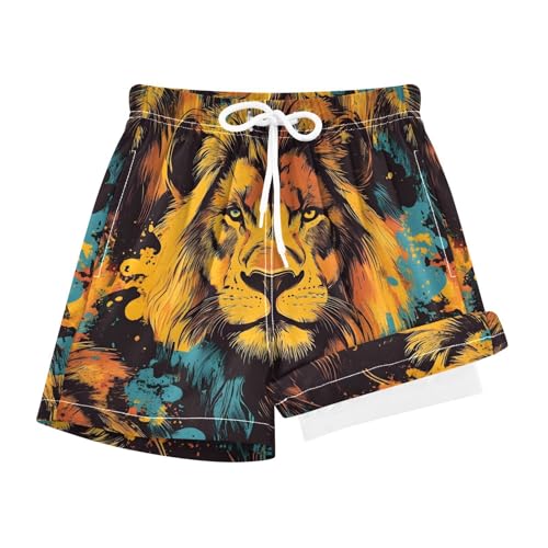 YANENDIE Boy Swim Trunks with Compression Liner Lion Graffiti Boys Swim Shorts Quick Dry Beach Shorts