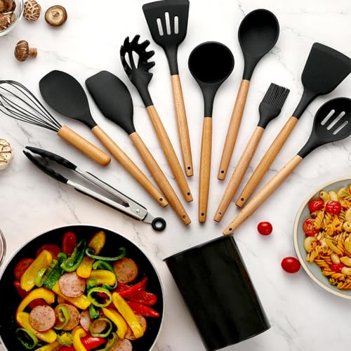 Kit 12 Peças De Cozinha Em Silicone E Cabo De Madeira Jogo De Utensílios Resistente ao Calor Antiade