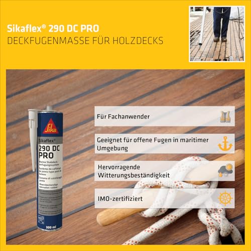 Sika – Stabdeckverfugungsmasse – Sikaflex-290 DC PRO Schwarz – für den Schiffbau – zur Verfugung von Stabdeckfugen – leicht schleifbar – 300 ml