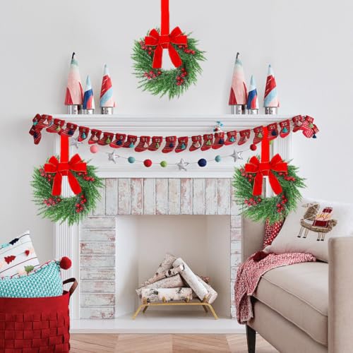 Image of YoleShy 4 Pcs Small Christmas Wreath 12 inch Mini Wreaths for Cabinets, Small Wreath with Berry & Red Velvet Bow Ribbon, Window Wreaths Christmas Cabinet Wreaths for Kitchen Front Door Chair Wall