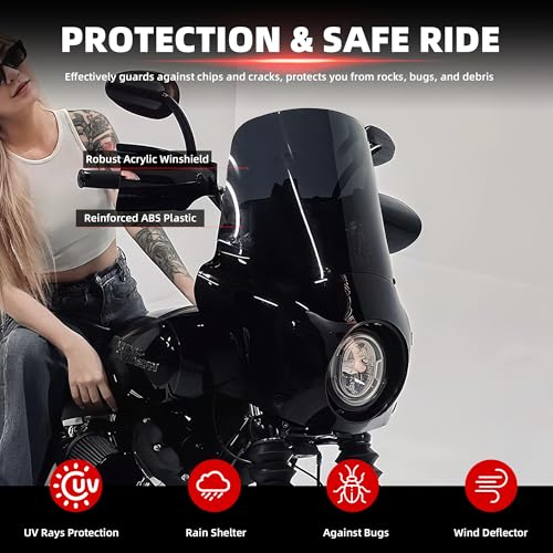 Image of FATECIM Motorcycle 5.75 inch Headlight Fairing with 13 inch Smoke Windshield Windscreen & 48-58mm Mounting Kit Headlight Extension Block For Harley 2018 2019 2020 2021 2022 Softail FXBB Street Bob