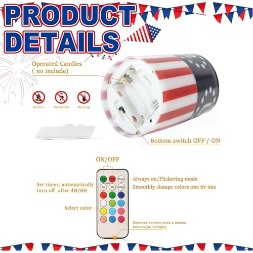 Image of Patriotic Candles with Timer Remote Control, 6inch,3Pcs | 4th of July Candles for American Independence Day Decorations,250th Anniversary American Flag LED Candles