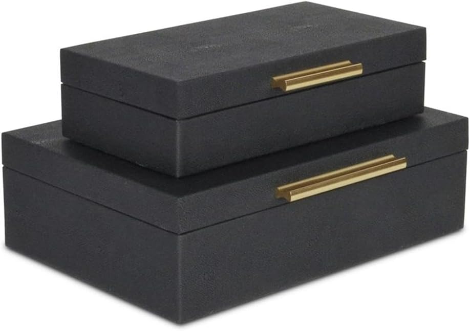 Pemberly Row Decorative Box Set, Black Faux Shagreen Finish, Handcrafted Wooden and Vinyl Storage Boxes, Set of 2 with Golden Handle Accent, Nested Design for Home Organization and Display