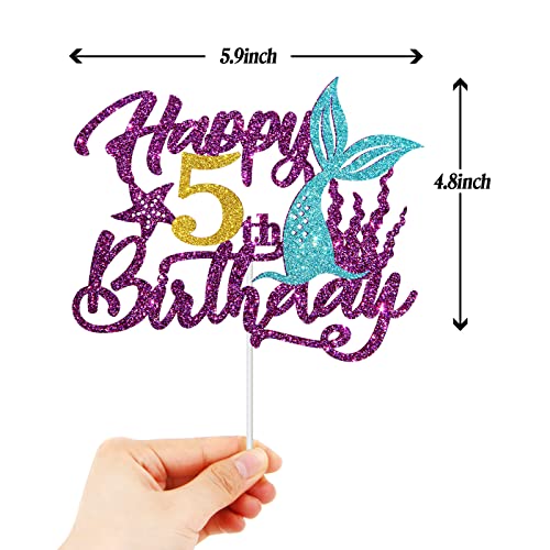 Mermaid Happy 5Th Birthday Cake Topper, Purple Glitter Sea Five Cake Decor, 5Th Birthday Ocean World Theme Party Decorations Party Supplies #TOP1