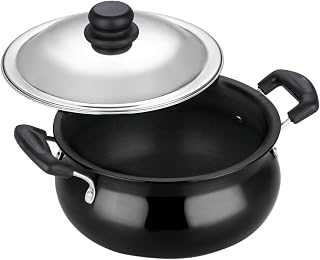 Vinod Hard Anodized Handi – Stainless Steel Lid – Small Size – 3.8 Liters (4 Quarts) – Suitable For Biryani, Pulao, Gravies – Aluminium Pot – Riveted Handles – Non-Reactive - Metal Spoon Friendly
