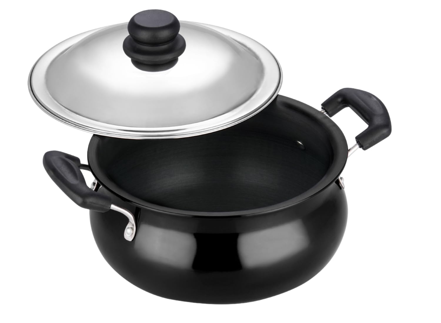 Vinod Hard Anodized Handi – Stainless Steel Lid – Small Size – 3.8 Liters (4 Quarts) – Suitable For Biryani, Pulao, Gravies – Aluminium Pot – Riveted Handles – Non-Reactive - Metal Spoon Friendly