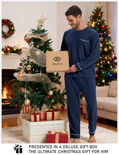 Image of Mofiz Men's Pajama Sets Viscose Long Sleeve Crewneck Warm Sleepwear