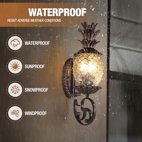 Image of Pineapple Outdoor Wall Sconce, 3-Light E12 Candelabra Base, Waterproof Aluminum Porch Light with Clear Diamond Glass, Tropical Coastal Wall Lamp for Entryway, Patio, Front Door