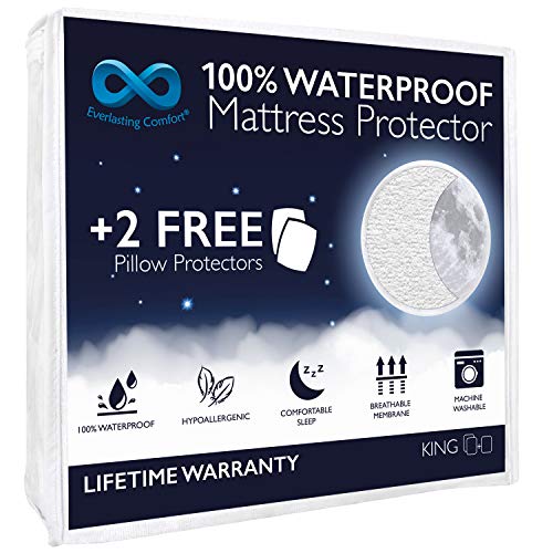 Everlasting Comfort Waterproof King Size Mattress Protector - Includes 2 Pillow Protectors - 100 Percent Waterproof Fitted Sheet - Dual Layer Breathable Membrane