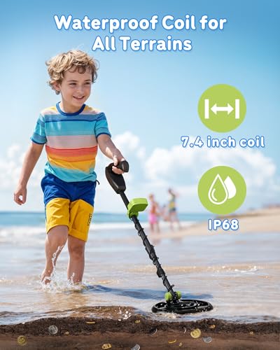 Image of RM RICOMAX Metal Detector for Kids - Kids Metal Detector with LCD Display, 7.4 inch Search Coil, Buzzer IP68 Waterproof, 2 Lb Lightweight, 24 to 35'' Foldable & Adjustable, Best Gift for Boys, Green