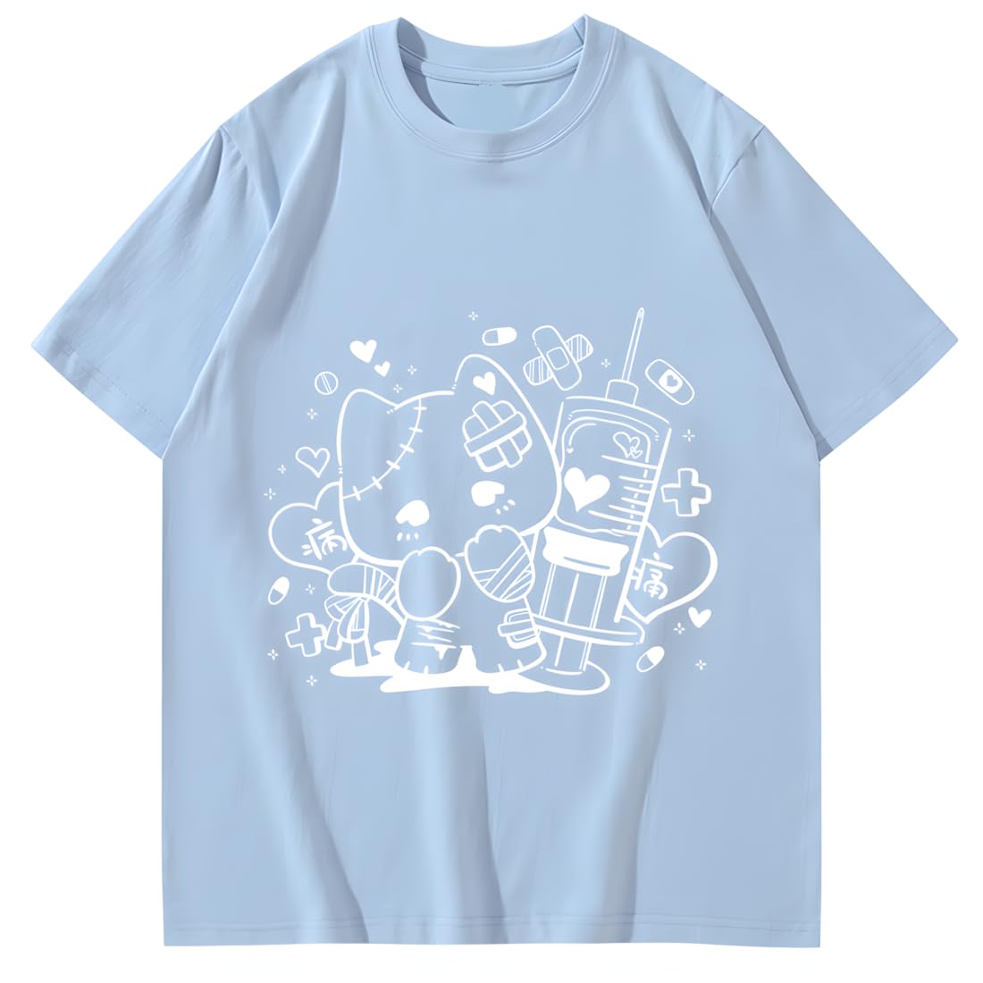 RILGOUKawaii Harajuku Fashion Y2K Goth Casual Style Soft Short Sleeve Crewneck Cartoon Print Injured Cat T-Shirt