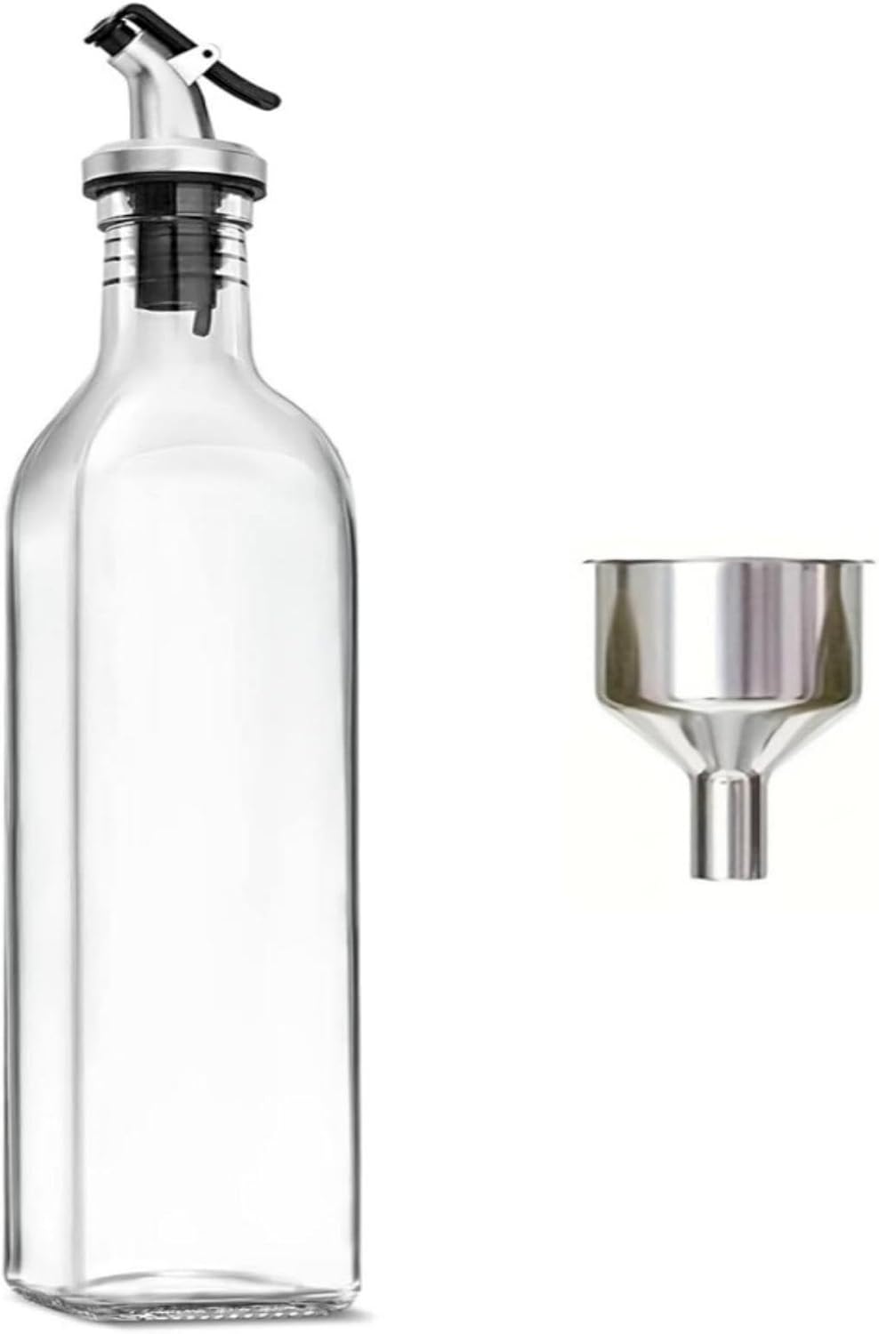 1pcs Glass Olive Oil Bottle Dispenser, 17oz/500ml Clear Vinegar Bottle with Pourers and Funnel, Square Glass Oil Container for Kitchen