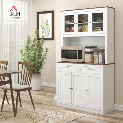 HOMCOM Alacena de Cocina, Mueble Auxiliar de Cocina, con 3 Puertas de Vidrio, Encimera Abierta para Microondas, 2 Cajones y Estantes Ajustables, 100x40x180 cm, Blanco - imagen 2