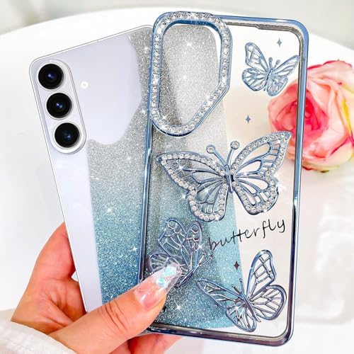 Image of Elzzi Electroplated Butterfly Phone Cover for Samsung S26 Plus Case, Showcasing Pearlescent Diamond Soft TPU, Camera Protection, Shockproof, Dropresistant Stylish for Girls & Women (Sierra Blue)