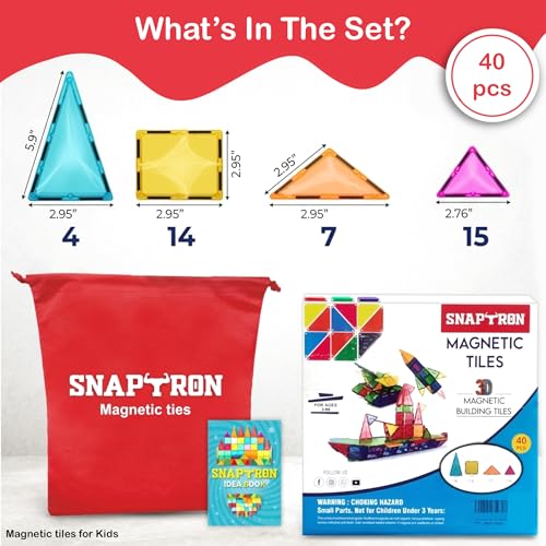 Image of SNAPTRON Magnetic Blocks for Kids Tiles -40 Pieces Set Gifts for Girls, Boys, Magnetic Blocks for Kids 3+ Years, 4 5 6 7 8 9 10 / Constructing & Learning Builder Educational Magnetiles Game