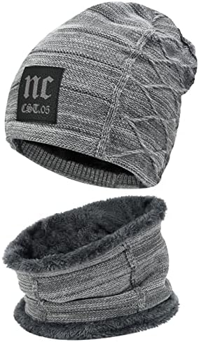 Fantastic Zone 2-Pieces Winter Beanie Hat Scarf Set Warm Knit Hat Thick Fleece Lined Winter Hat & Scarf For Men Women,Grey-2,One Size