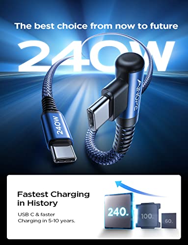 Image of AINOPE 240W USB C to USB C Cable 6.6ft 2Pack USB C to USB C Fast Charging Cable, Right Angle USB C Charger Cable for iPhone16 Charger Cord, MacBook Pro, iPad Pro /Air, Samsung,Blue
