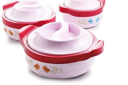 VDM KITCHENWARE Plastic & Steel Casserole with Lid, Set of 3, Maroon White (800 ml, 1200 ml, 1500 ml)
