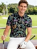 uideazone Funny Golf Shirts for Mens Neon Flamingo Print Slim Fit Polo Shirt Performance Moisture Wicking Athletic Tennis Short Sleeve
