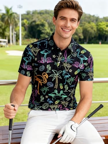 uideazone Funny Golf Shirts for Mens Neon Flamingo Print Slim Fit Polo Shirt Performance Moisture Wicking Athletic Tennis Short Sleeve