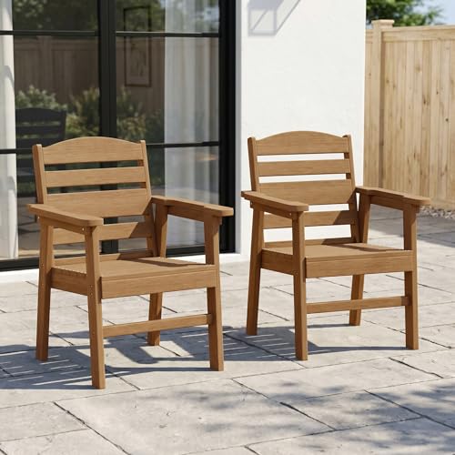 Image of HDPE Outdoor Dining Chairs Set of 2 | Weather Resistant Patio Stackable Chairs for Garden, Backyard, Lawn and Poolside, Teak