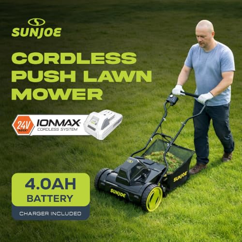 Image of Sun Joe 24V-CRLM15 15-Inch 24-Volt IONMAX Cordless Push Reel Mower w /11.9-Gallon Collection Bag, Kit (w / 4.0-Ah Battery + Charger)