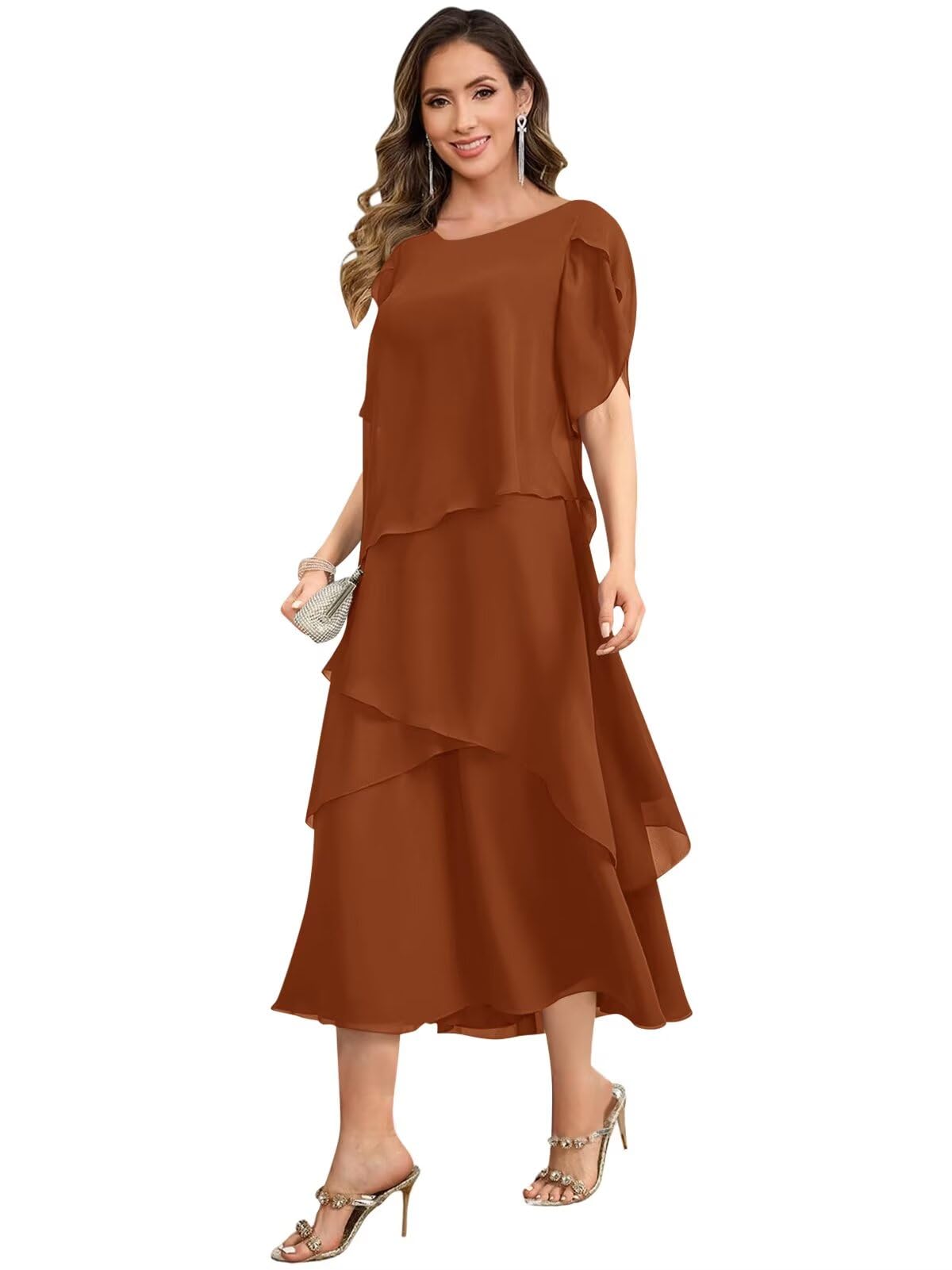 keosin Tea Length Mother of The Bride Dresses for Women Tiered Chiffon Formal Dress for Wedding Guest