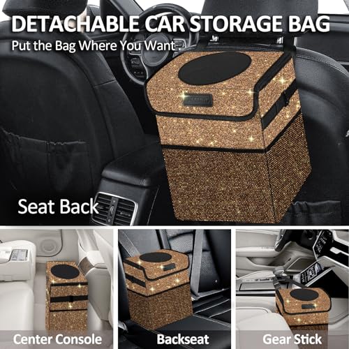 Image of Cute Mini Car Trash Bag with Lid, Glitter Garbage Can Bin Hanging for Back /Front Seat /Console, Waterproof, Leakproof, 2.5 Gallon, Brown Bling Sparkly