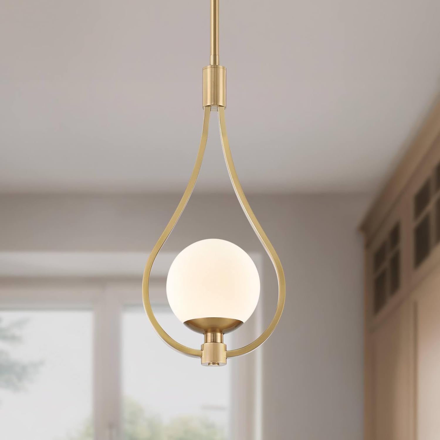 Possini Euro Design Kosta 8" Mid Century Modern Pendant Ceiling Light Fixture Dining Room Over Table Kitchen Island Foyer Hanging Teardrop LED Dimmable Warm Gold Finish White Glass Hallway Mini