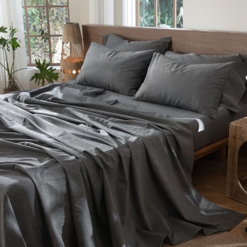 Image of MooMee Sheet Set 100% Washed Cotton Linen-Like Extra Deep Pocket Queen | Relaxed Linen-like Texture. Soft, Breathable & Lightweight Comfort. 15-19 inch Extra Deep Pocket with All-around Elastic