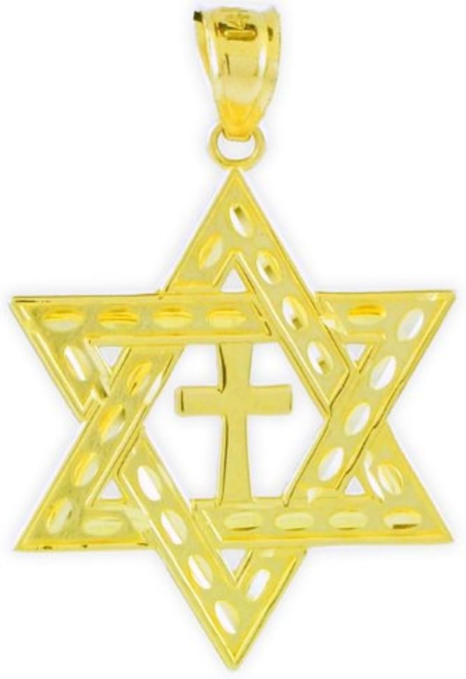 Jewish Jewelry By FDJ Women's 10K Gold Jewish Charm Star Of David Cross Pendant Medium
