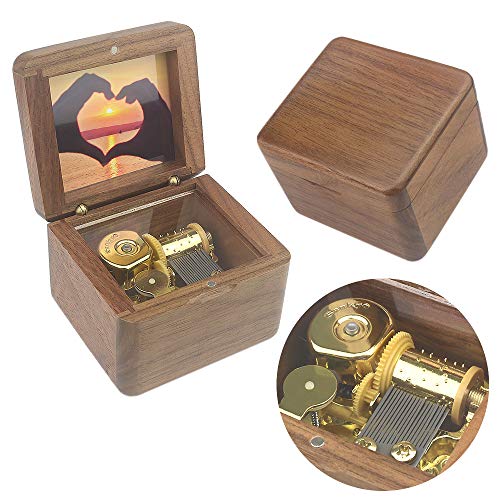 Sinzyo Natural Wooden Music Box with Customizable Photos Wind Up Musical Box Gifts for Christmas,Birthday and Valentine's Day(Simple Walnut, Tone:Can't Help Falling in Love)