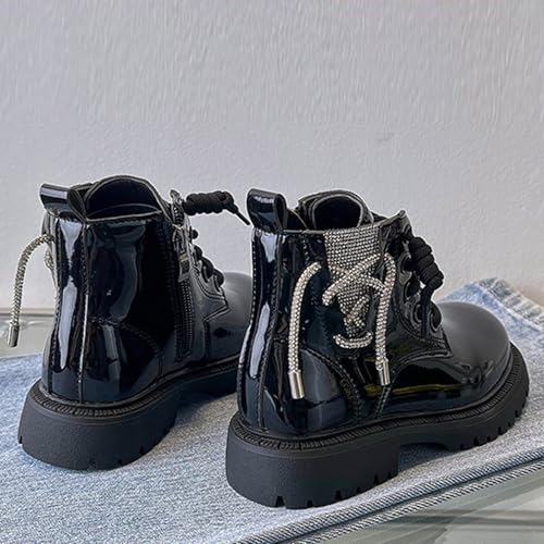 Girls Goth Lace Up Boots Side Zip Up Preppy Style Mid Calf Boots Easy On PU Leather Lug Sole Non-Slip Toddler Shoes4