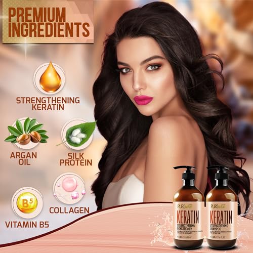 Image of Keratin Shampoo and Conditioner Set - Sulfate and Paraben Free Treatment for Dry Hair - Anti Frizz, Collagen Enriched Formula for Curly or Damaged Hair - Safe for Men and Women with Color Treated Hair