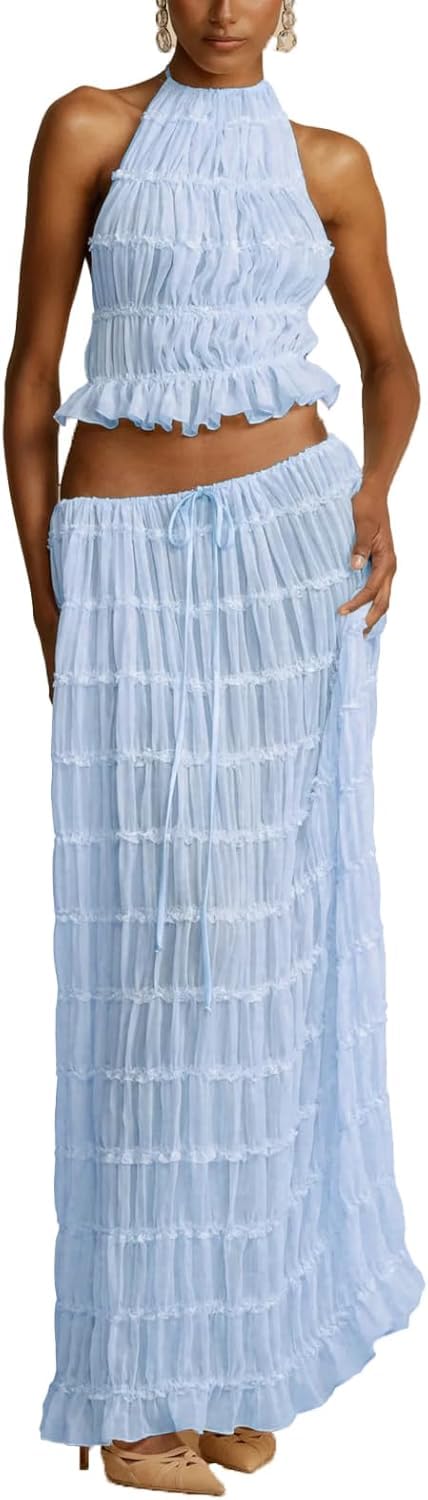 Ensemble 2 pièces en mousseline de soie pour femme – Haut court dos nu à lacets sans manches et jupe longue plissée fluide taille haute pour soirée, événements, vacances à la plage