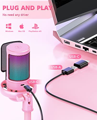 NJSJ Gaming Microfono PC, RGB Micrófono de Condensador USB para PS5 y Mac, USB Microfono Streaming con Botón de Silencio, Filtro Pop, Juegos, Streaming, Podcasts, Twitch, Youtube, Discord (Pink) - imagen 5