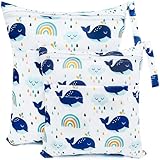 CHEESANHERR Nasstaschen Windeltasche, 2 Stück Wetbag Organiser Kindergarten, Stoffwindeln Wickeltasche Groß Nasssack Nassbeutel Naßtasche Wiederverwendbare wasserdichte für Baby (Weißer Wal)
