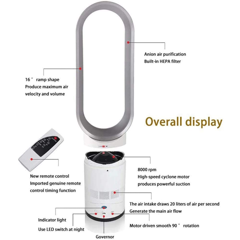 Ventilador sin aspas, enfriador de aire con iones negativos, ventilador de torre con control remoto, diseño súper silencioso sin hojas para el hogar, oficina, dormitorio