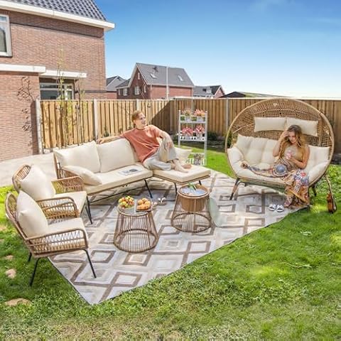 BULEXYARD 7 Pieces Beige Boho Outdoor Patio Furniture Sets with Double Stationary Egg Chair, Small Wicker Conversation Sectional Sofa Set with Side Table & Ice Bucket for Backyard, Porch, Deck Cover