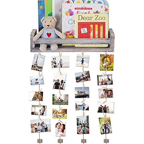 Satauko Photo Wall Shelf with 24 Clothes Pegs, Wooden Wall Shelf for Photo Frames Collages, Hanging Picture Frame Organiser for Wall Decoration Living Room (Grey) Cover