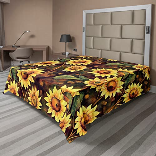 Ambesonne Floral Flat Sheet, Sunflowers of The Field Blossoming Nature's Gift Flowers Season Art, Soft Comfortable Top Sheet Decorative Bedding 1 Piece, California King, Pale Avocado Green and Fawn