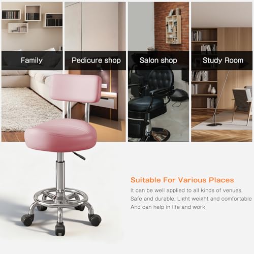 Walktory Vanity Chair with Back Small Armless Office Chair with Wheels and Footrest, PU Leather Adjustable Height Swivel Chair for Bedroom, Home Office Pink — view 5