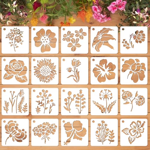 YUXIANLB Floral Stencils 20 Pcs, Reusable Daisy and Leaf Templates for Painting on Wood, Scrapbooking, Card Making, Rock Painting, DIY Crafts, Home Decor, Wedding, Gift Wrapping, Nursery Wall Art
