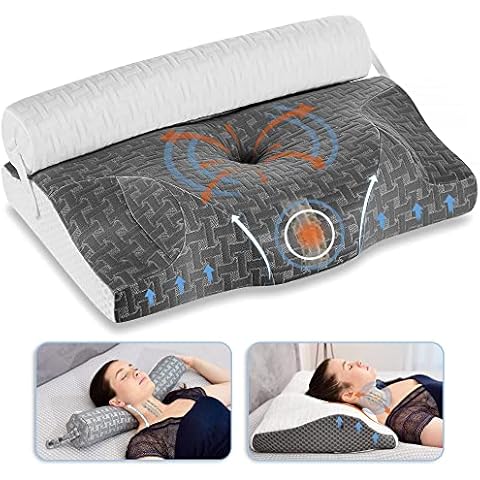 Elviros Cervical Memory Foam Pillow for Neck Pain Relief, Contour Orthopedic Roll Traction Pillows for Side Sleeping, 3 in 1 Ergonomic Support Spine Bed Pillow for Back and Stomach Sleeper Dark Grey Cover