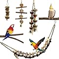Parrot Toys for Cage Set of 6, Bird Perches, Parrot Swings Natural Wood Budgie Cage Accessories for Cockatiels, Conures, Finches, Budgerigar