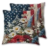 Ouqiuwa American Flag Day Fourth of July Throw Pillow Covers Set of 2 18X18 Inch Flowers Square Decorative Patriotic Freedom Stars Pillowcase Cushion Cover for Home Couch Sofa Bed